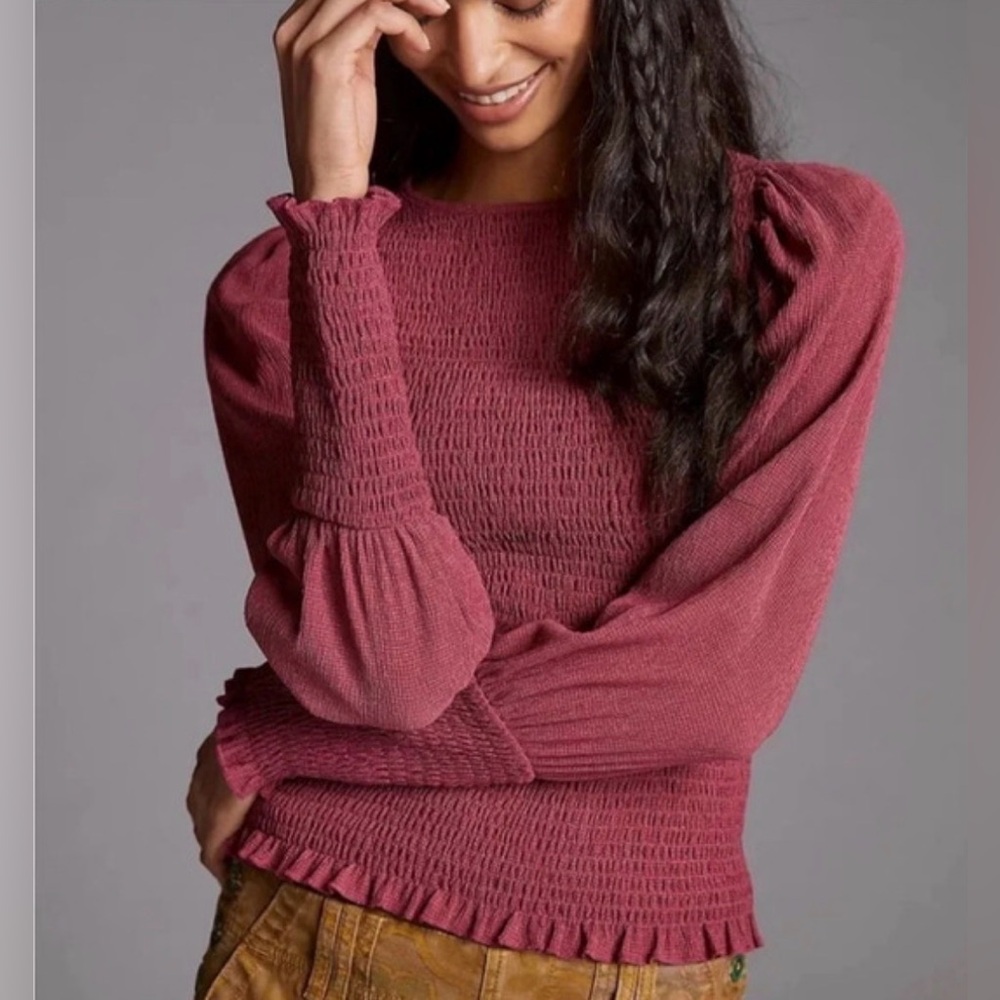 Anthropologie Mauve Smocked Long-Sleeve Blouse